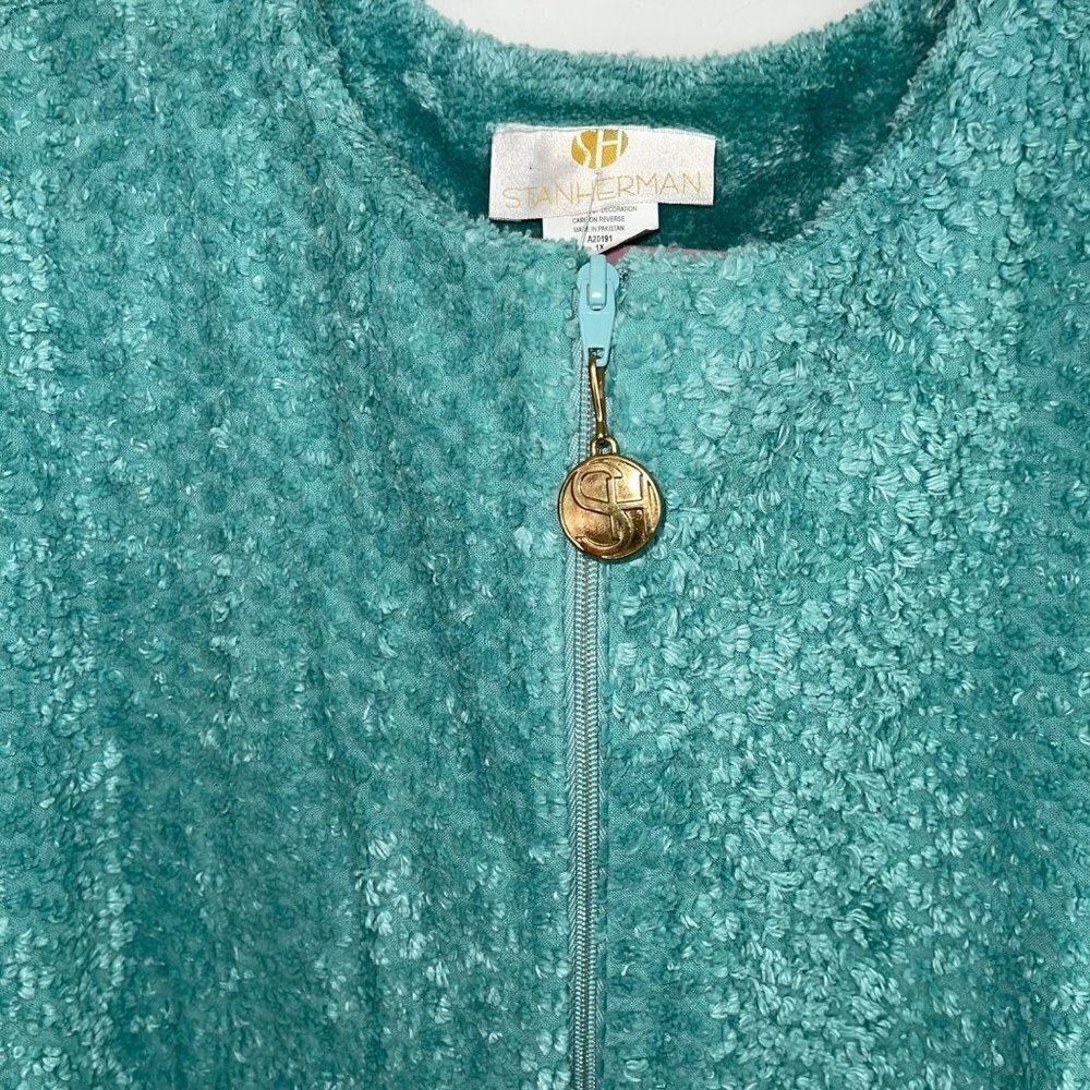 New Stan Herman Vintage Womens Robe Size 1X Green Chenille Half Zipper Front - Picture 3 of 14